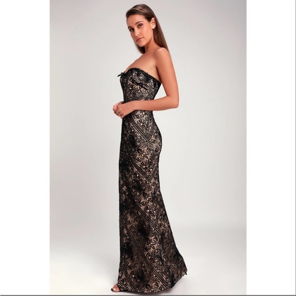 Bariano Lulus Allison Black Nude Lace Strapless evening gown maxi dress bustier - Picture 2 of 16